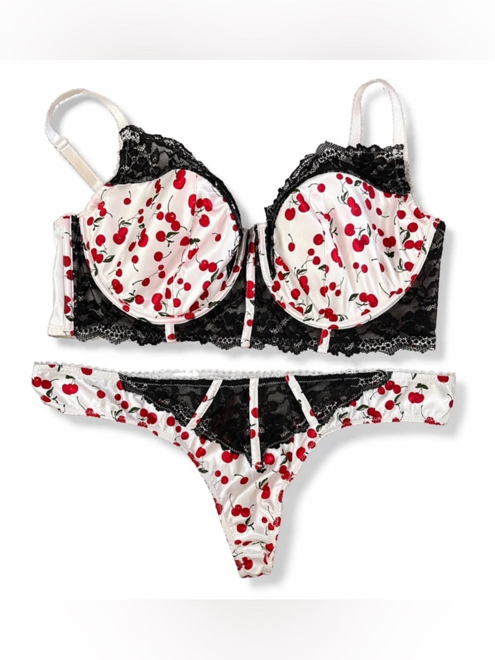 Adore Me Cherry Print Bra Panty Set 40DD 0X Lace Underwire EUC
